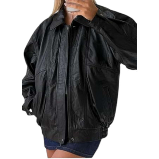 Oversized Vintage Leather Bomber Jacket Women 90s Style