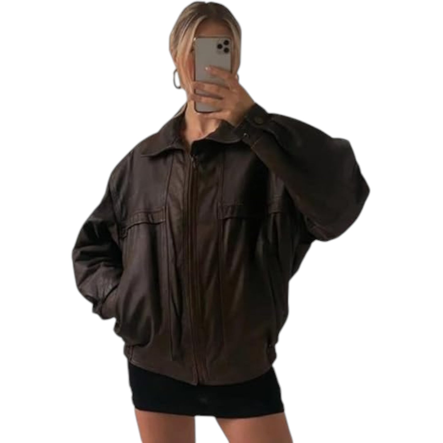 Women's Oversized Retro Brown Leather Jacket Vintage-Inspired Fashion