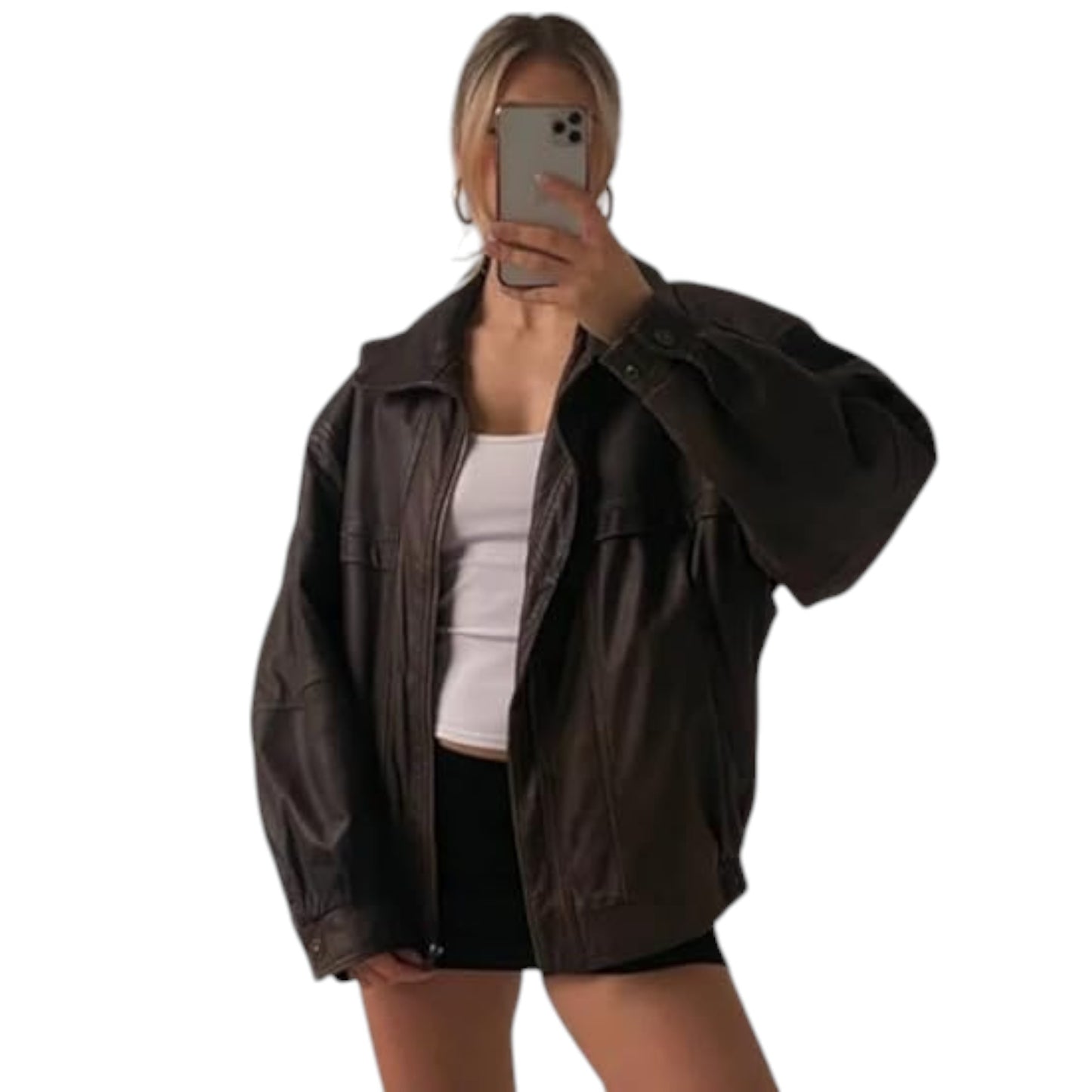 Women's Oversized Retro Brown Leather Jacket Vintage-Inspired Fashion