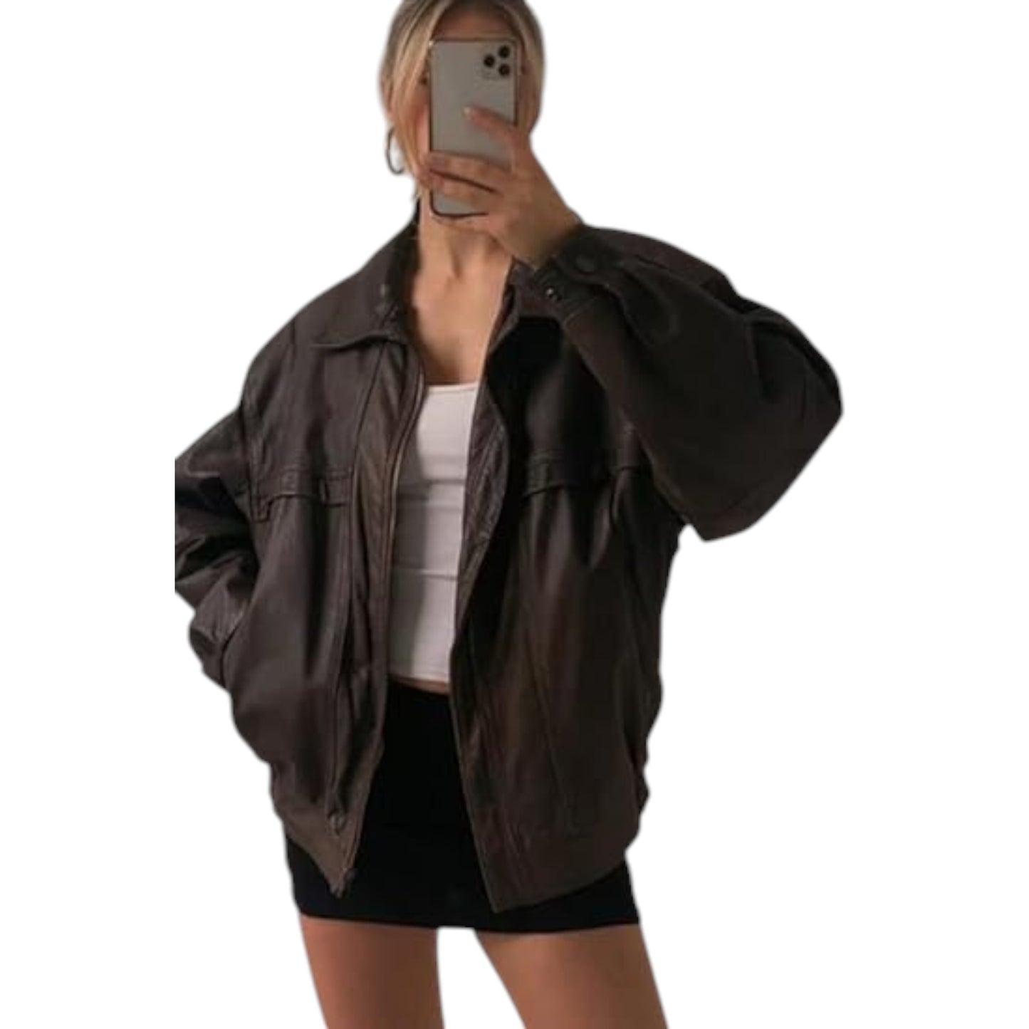 Women's Oversized Retro Brown Leather Jacket Vintage-Inspired Fashion