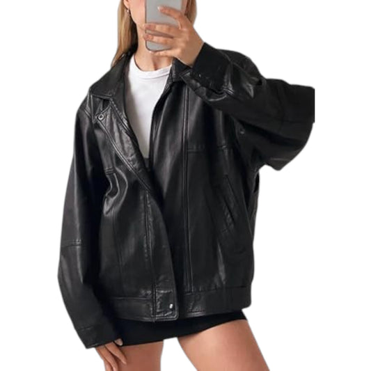 Person wearing a black leather jacket on a white background