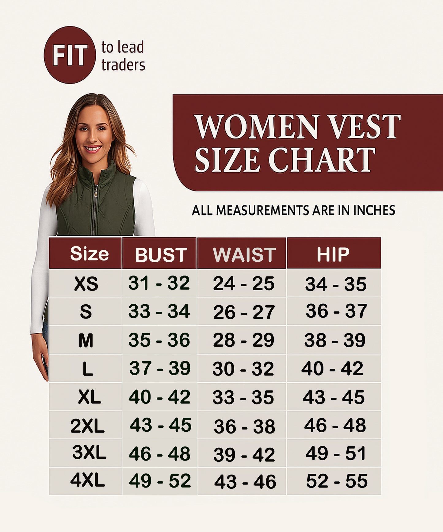 Women's vest size chart with a model and measurement details.
