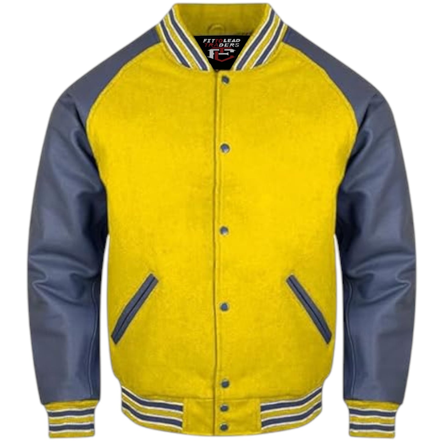 A stylish varsity jacket with a black wool body and grey leather sleeves, featuring a quilted polyester lining, snap buttons, ribbing on the cuffs, collar, and hem, and multiple pockets.