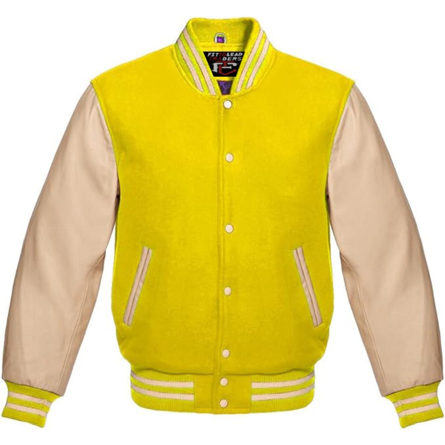 Yellow and beige varsity jacket with a brand label on a white background