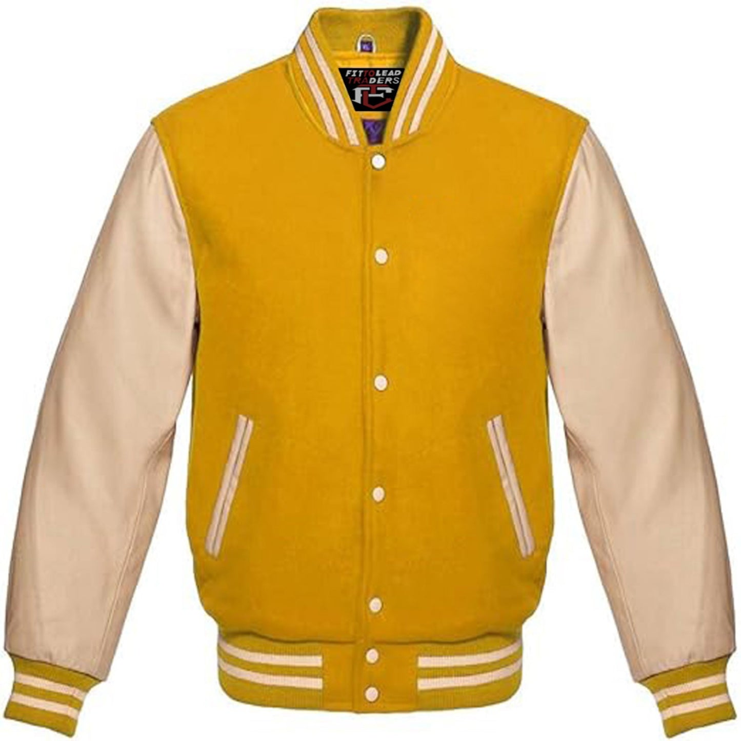 Yellow and beige varsity jacket with brand label on a white background