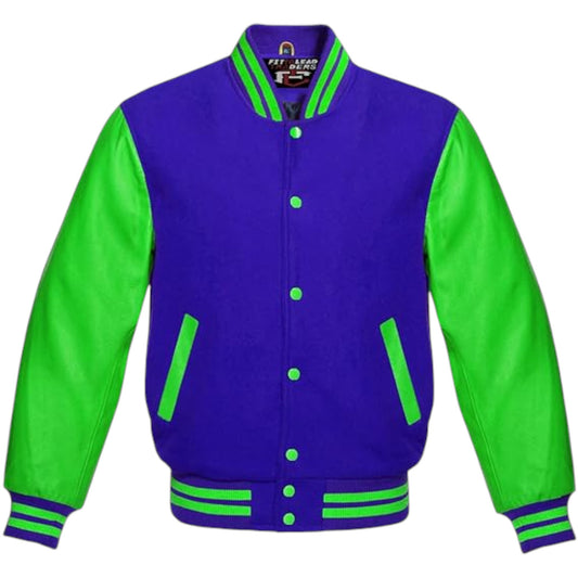 A Varsity Lettermen Baseball Bomber Jacket with a black wool body and Kelly green leather sleeves, featuring a full-snap front closure and ribbed cuffs.