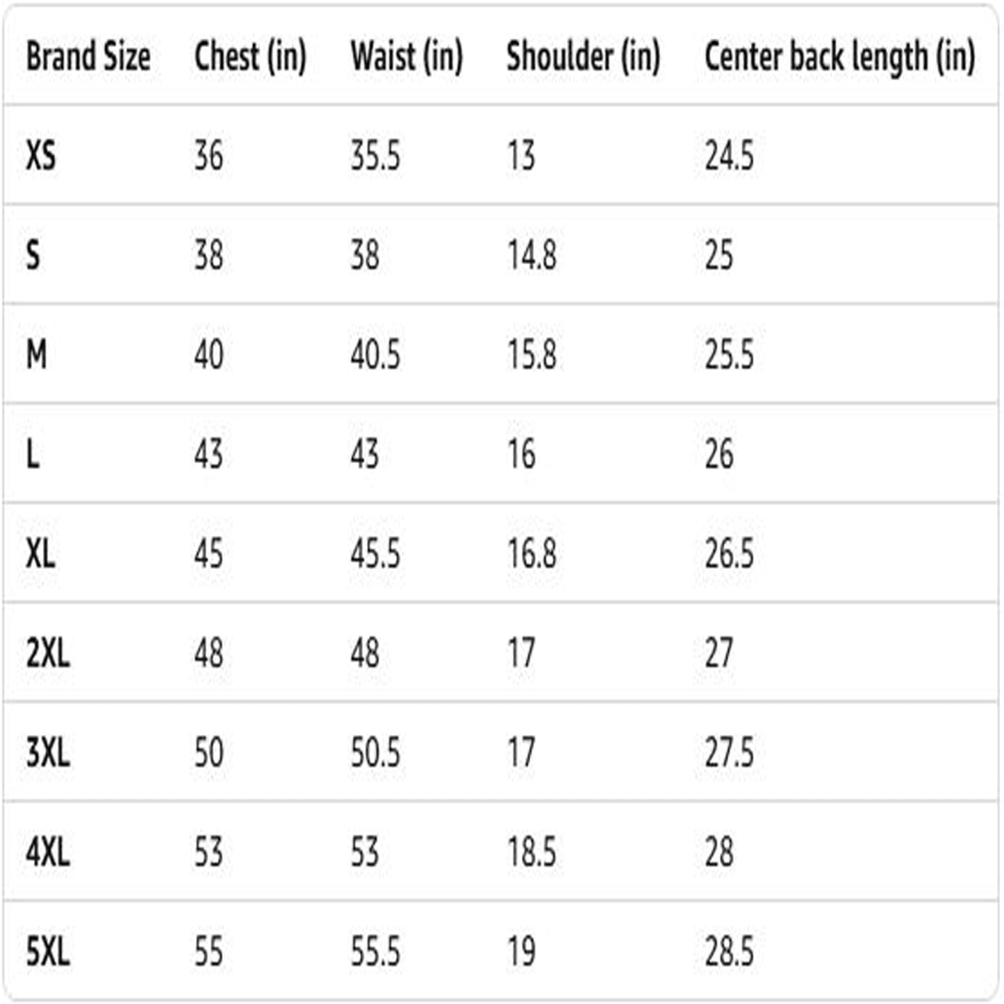 Table displaying brand size chart with measurements for chest, waist, shoulder, and center back length.