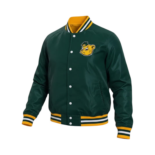 Green varsity jacket with a logo on a white background