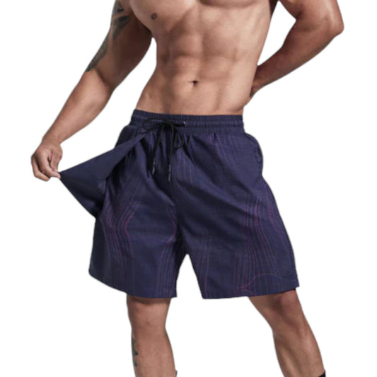 Person wearing navy shorts on a white background