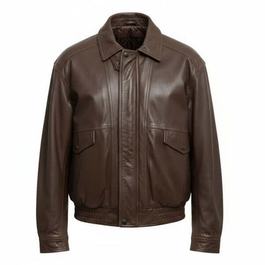 Genuine Brown Leather Vintage Bomber Jacket