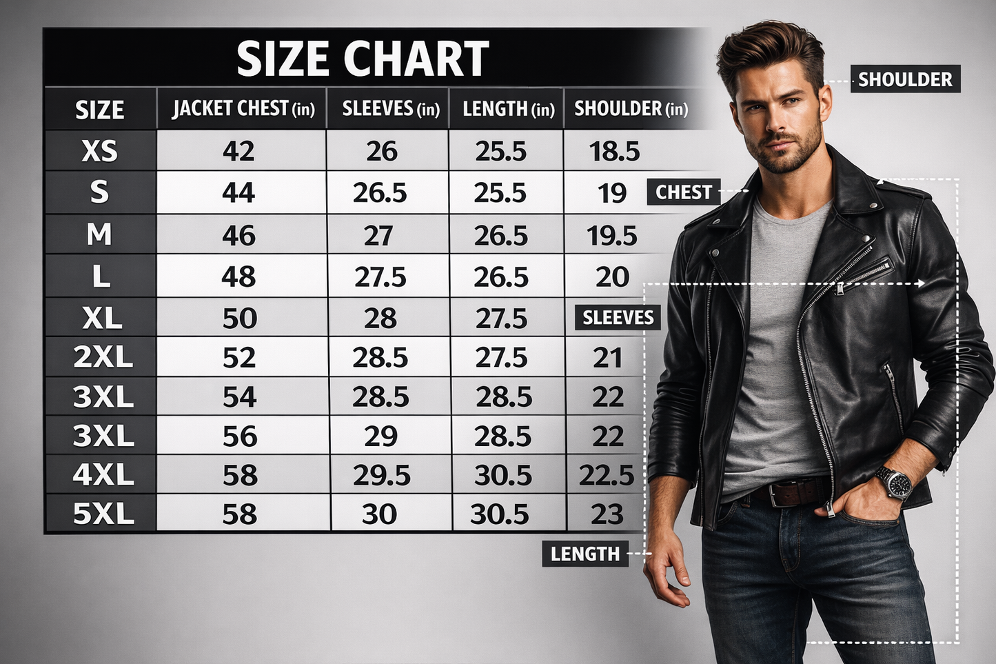 Size chart for a jacket with a man wearing a leather jacket for reference.