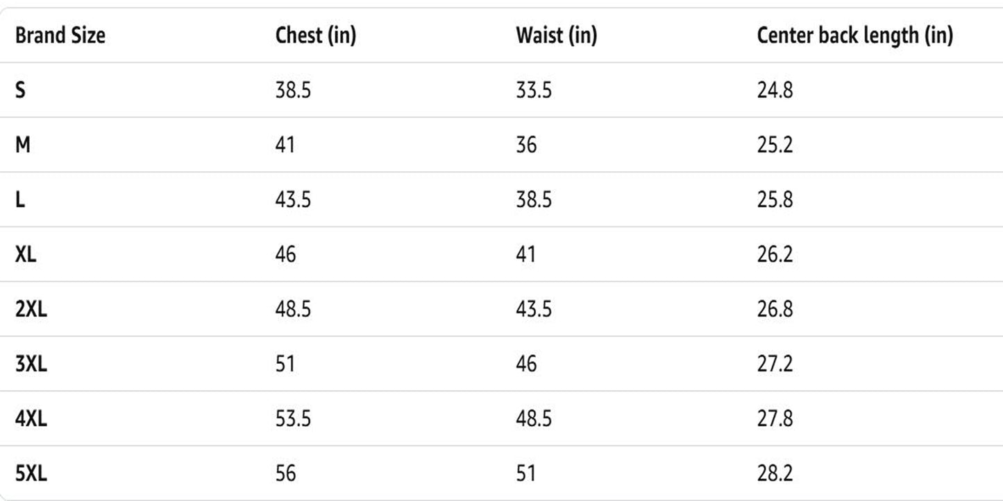 Table displaying brand size measurements for chest, waist, and center back length.