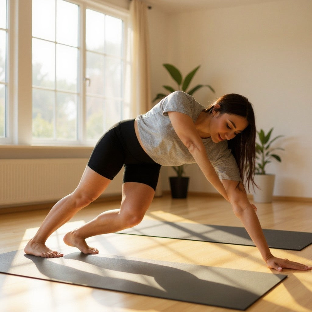 Woman practicing yoga in a bright room with large windows