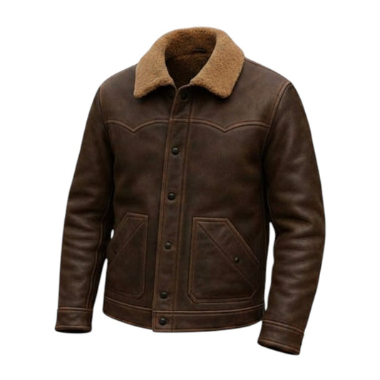 Men’s Brown Rancher Leather Shearling Jacket Winter Western Coat