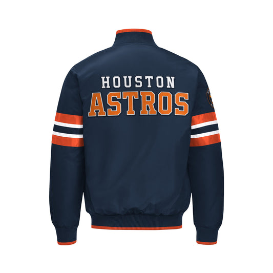 Men’s Houston Astros Satin Varsity Jacket | Snap Button Bomber featuring Houston Astros branding on the back.