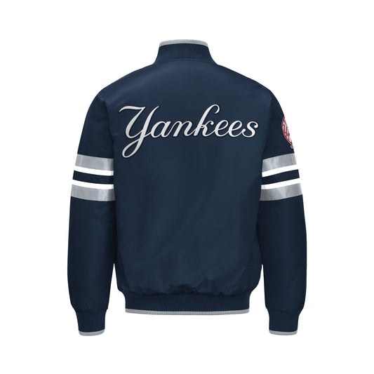 Back view of New York Yankees varsity jacket showcasing classic design and stylish details.