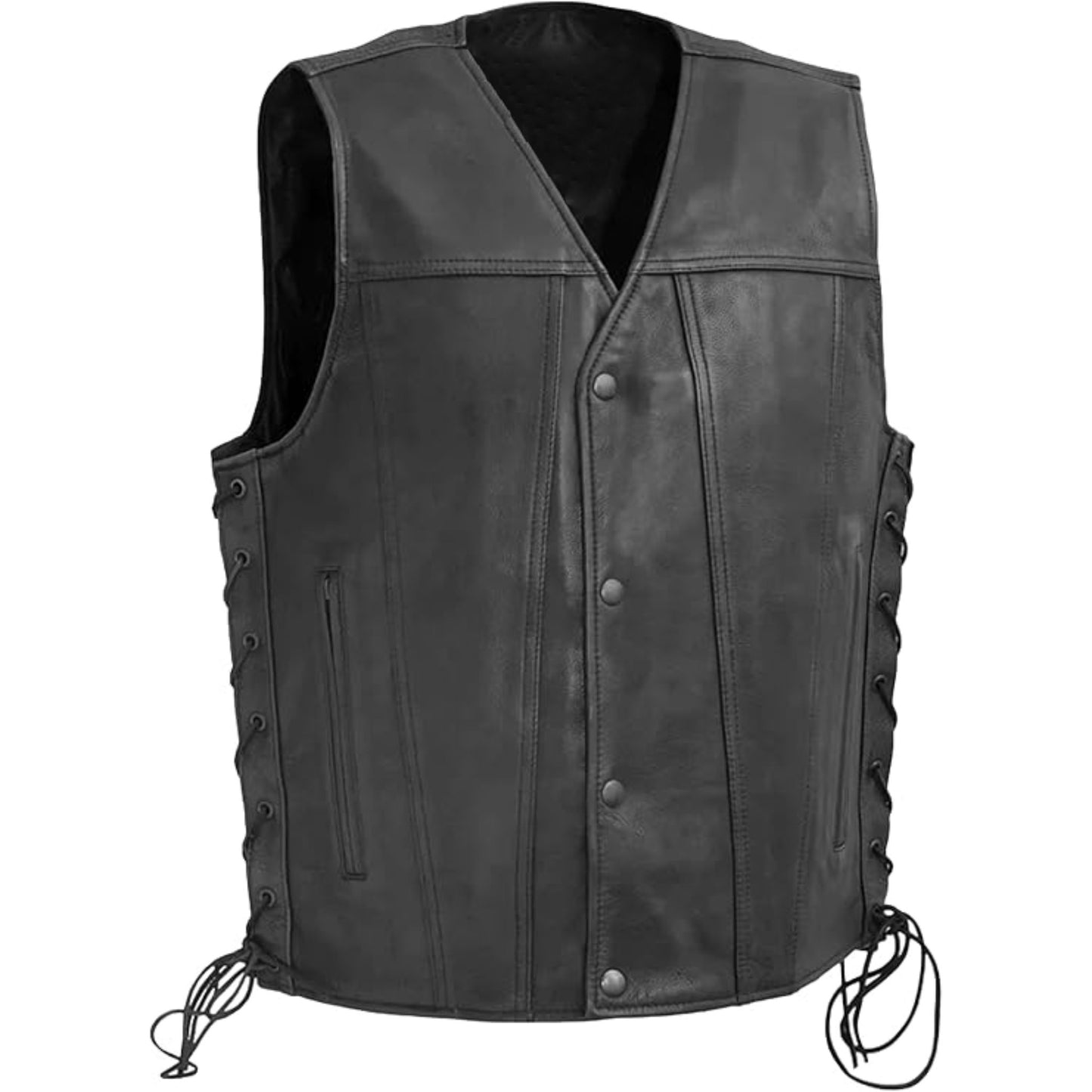 Black leather vest with buttons and drawstrings on a white background