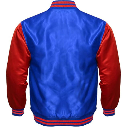 Blue and red varsity jacket on a white background