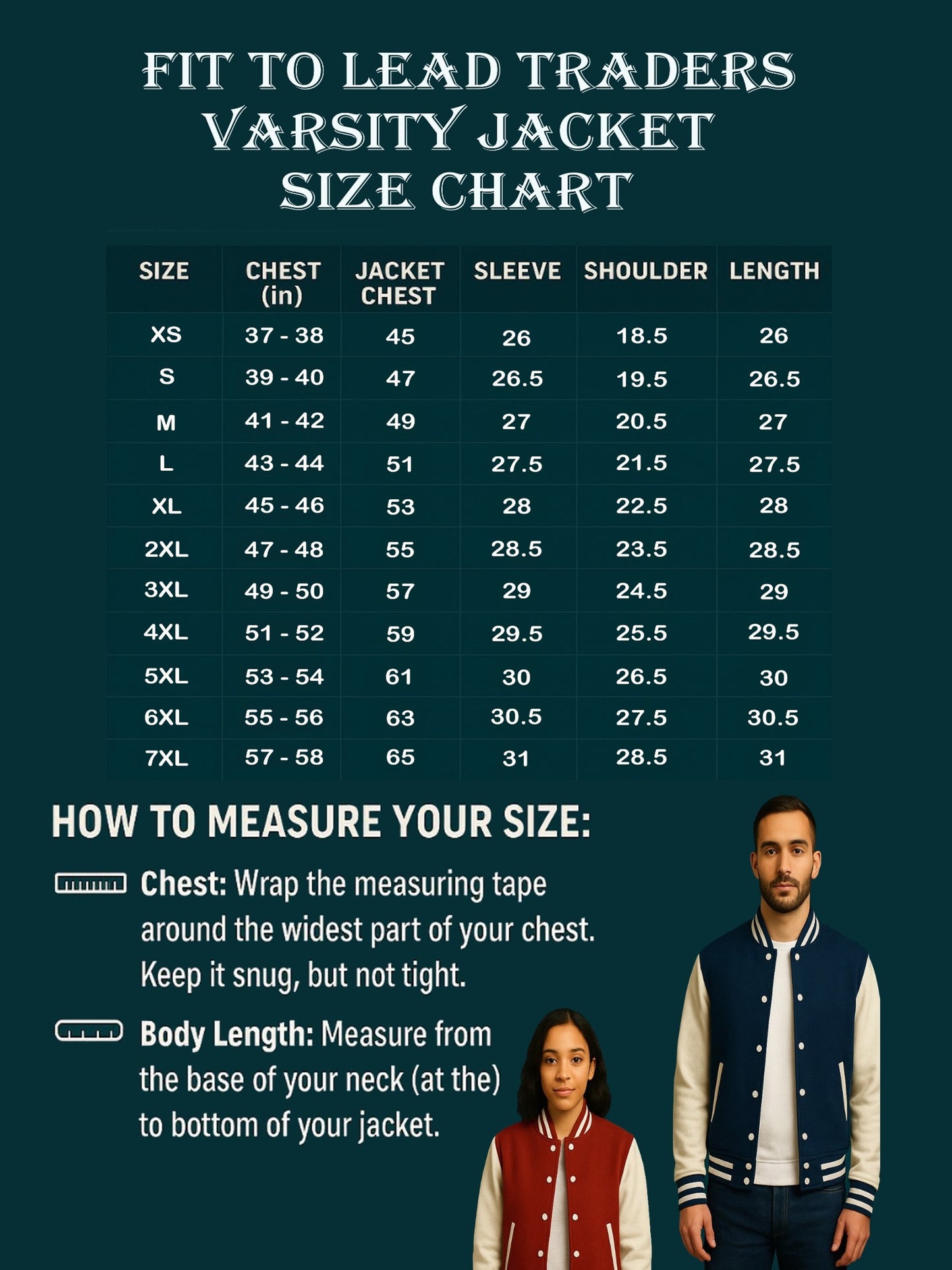 Varsity jacket size chart with measurements and two people wearing the jacket.