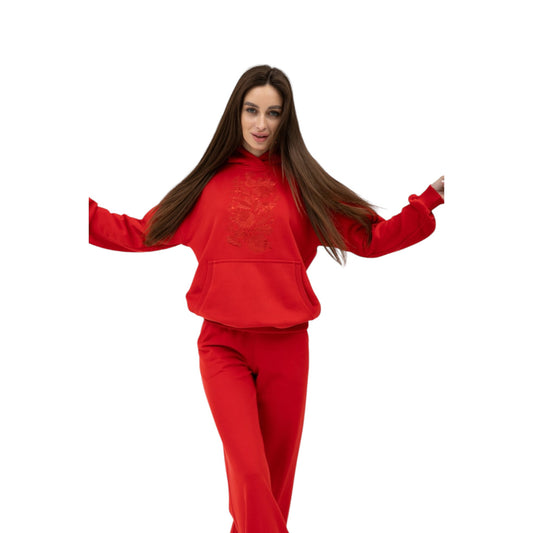 Bold Red Women's Tracksuit with Intricate Hoodie Design