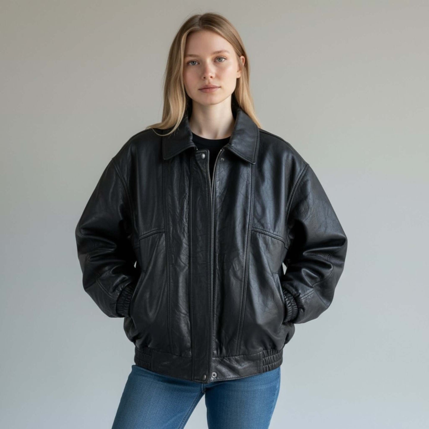 Oversized Vintage Leather Bomber Jacket Women 90s Style