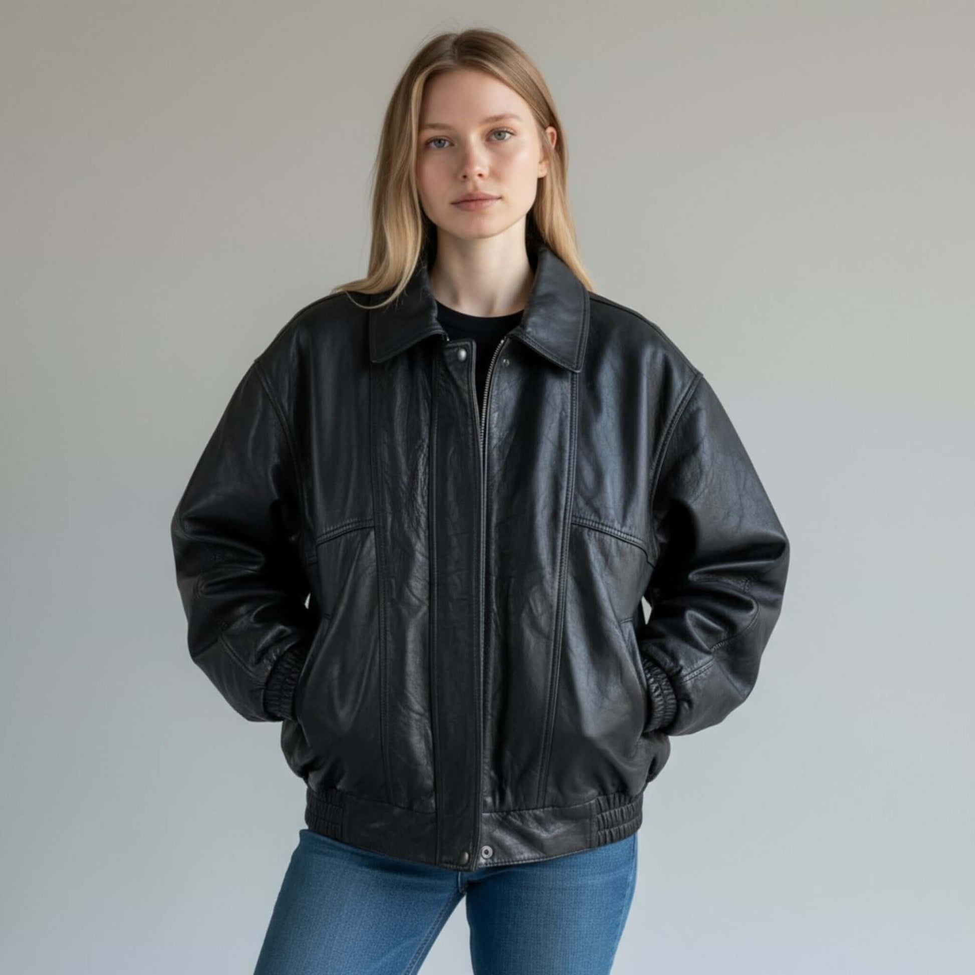 Oversized Vintage Leather Bomber Jacket Women 90s Style