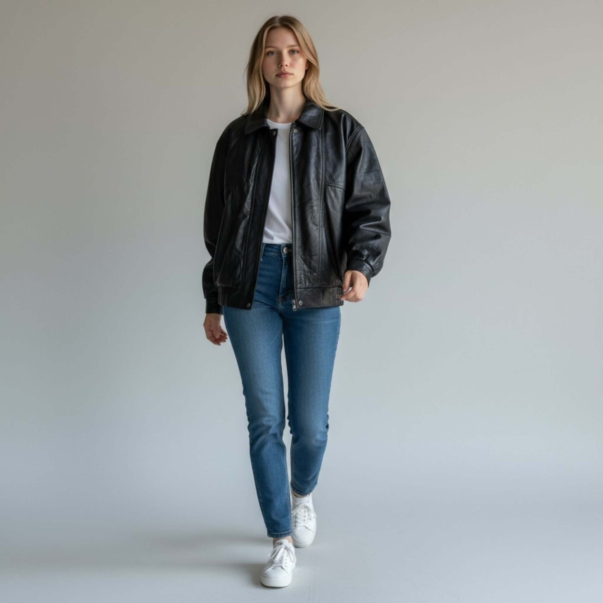 Oversized Vintage Leather Bomber Jacket Women 90s Style