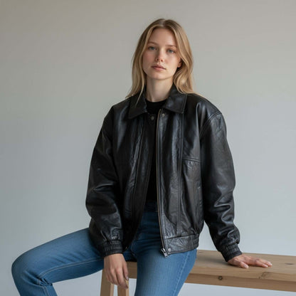 Oversized Vintage Leather Bomber Jacket Women 90s Style