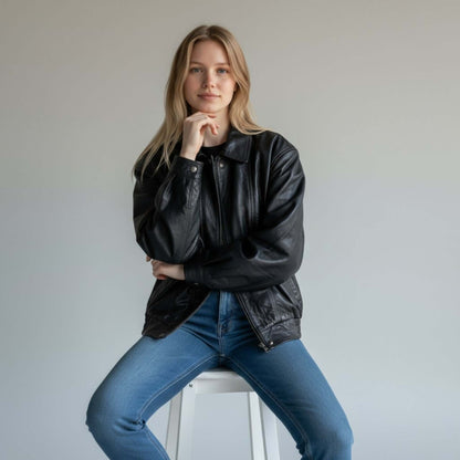 Oversized Vintage Leather Bomber Jacket Women 90s Style