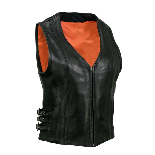 Black leather vest with orange lining on a white background