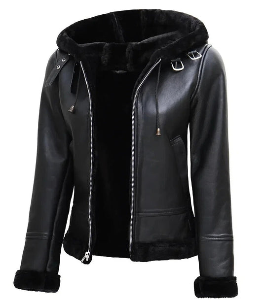 Black leather jacket with fur lining on a white background