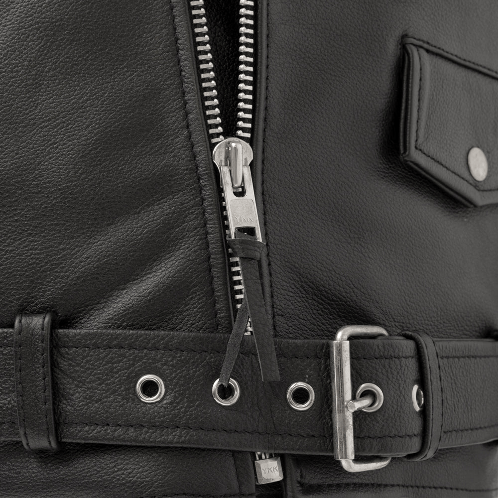 Close-up of a black leather jacket with zipper and belt details