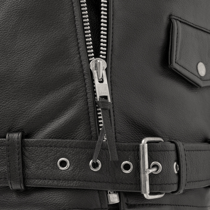 Close-up of a black leather jacket with zipper and belt details