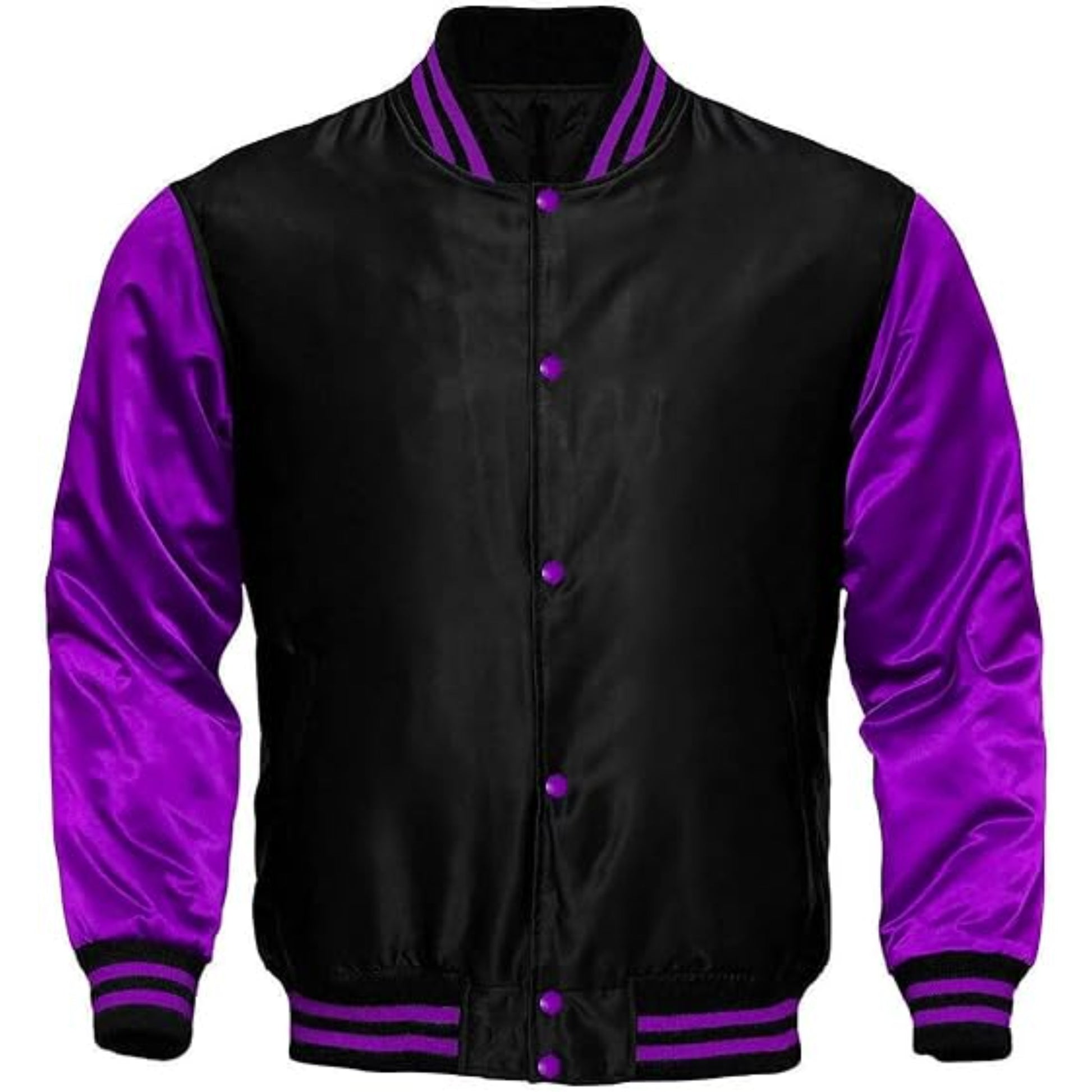 Black and purple varsity jacket on a white background
