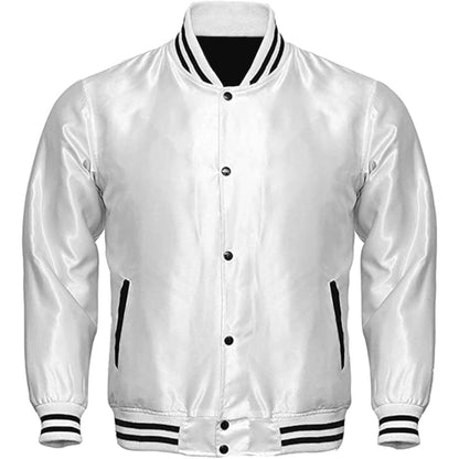 White varsity jacket with black accents on a white background