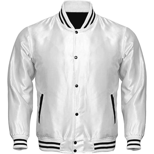 White varsity jacket with black accents on a white background