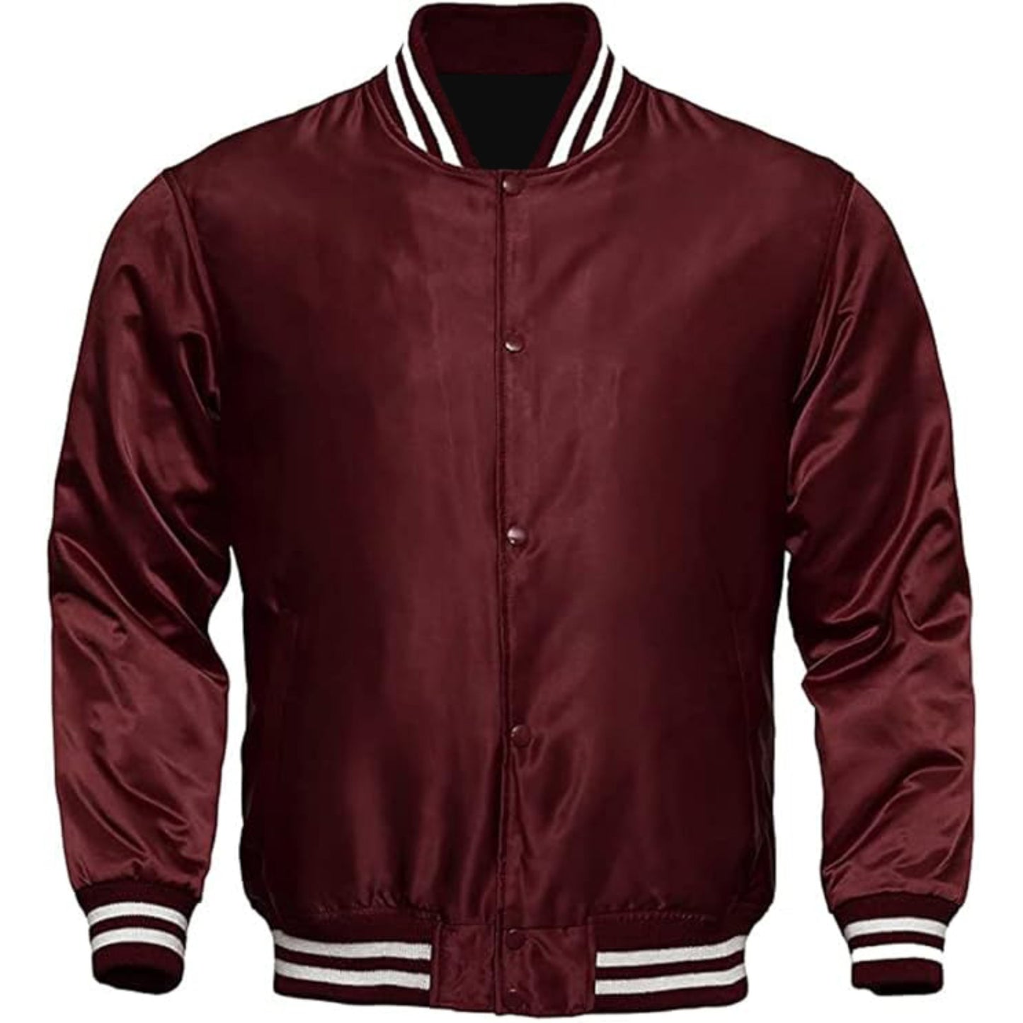 Maroon varsity jacket with white trim on a white background
