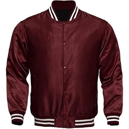 Maroon varsity jacket with white trim on a white background