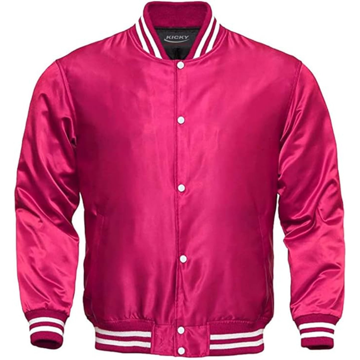 Pink satin bomber jacket with white accents on a white background