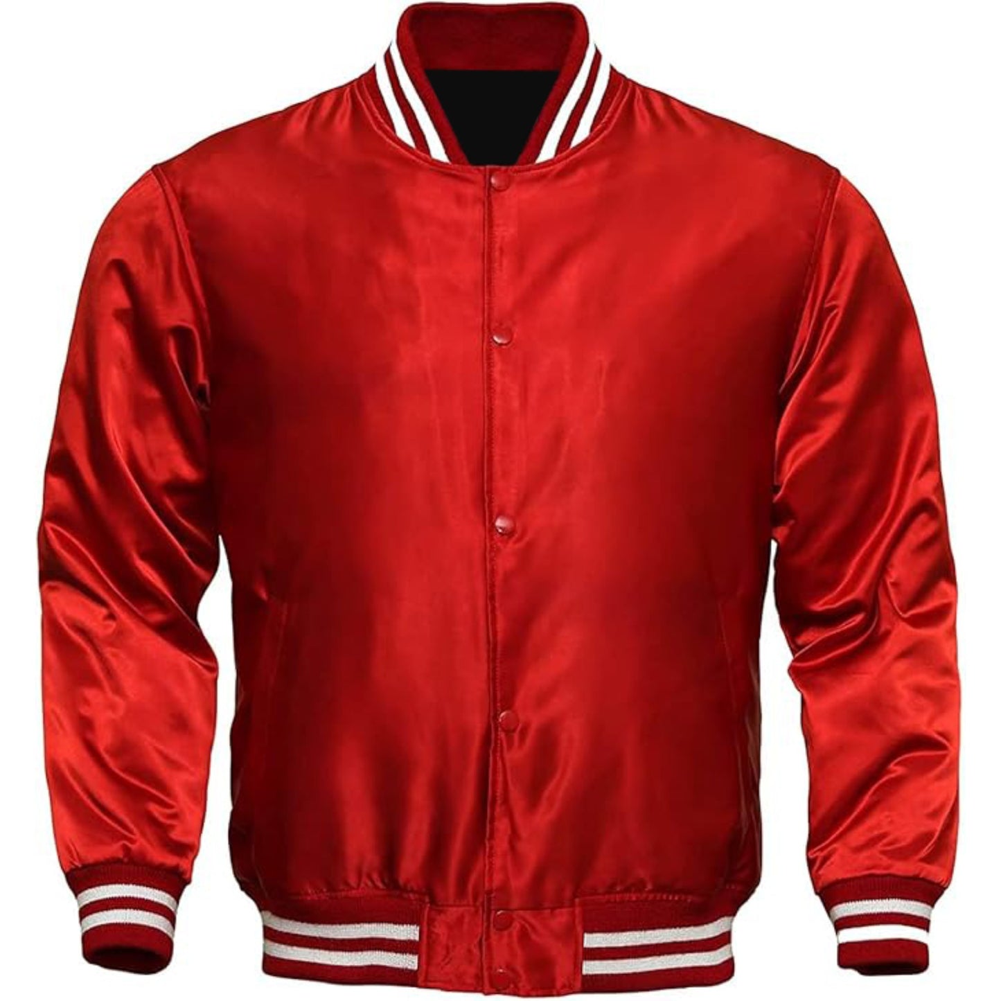 Red satin jacket with white trim on a white background