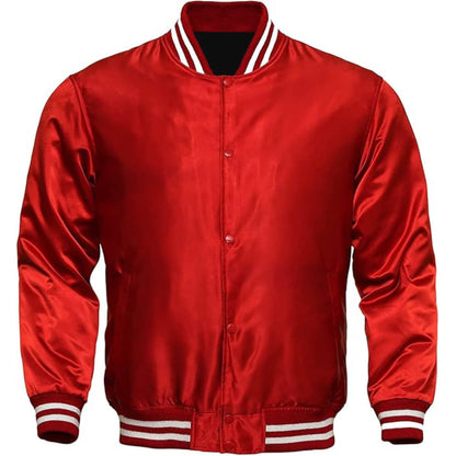 Red satin jacket with white trim on a white background