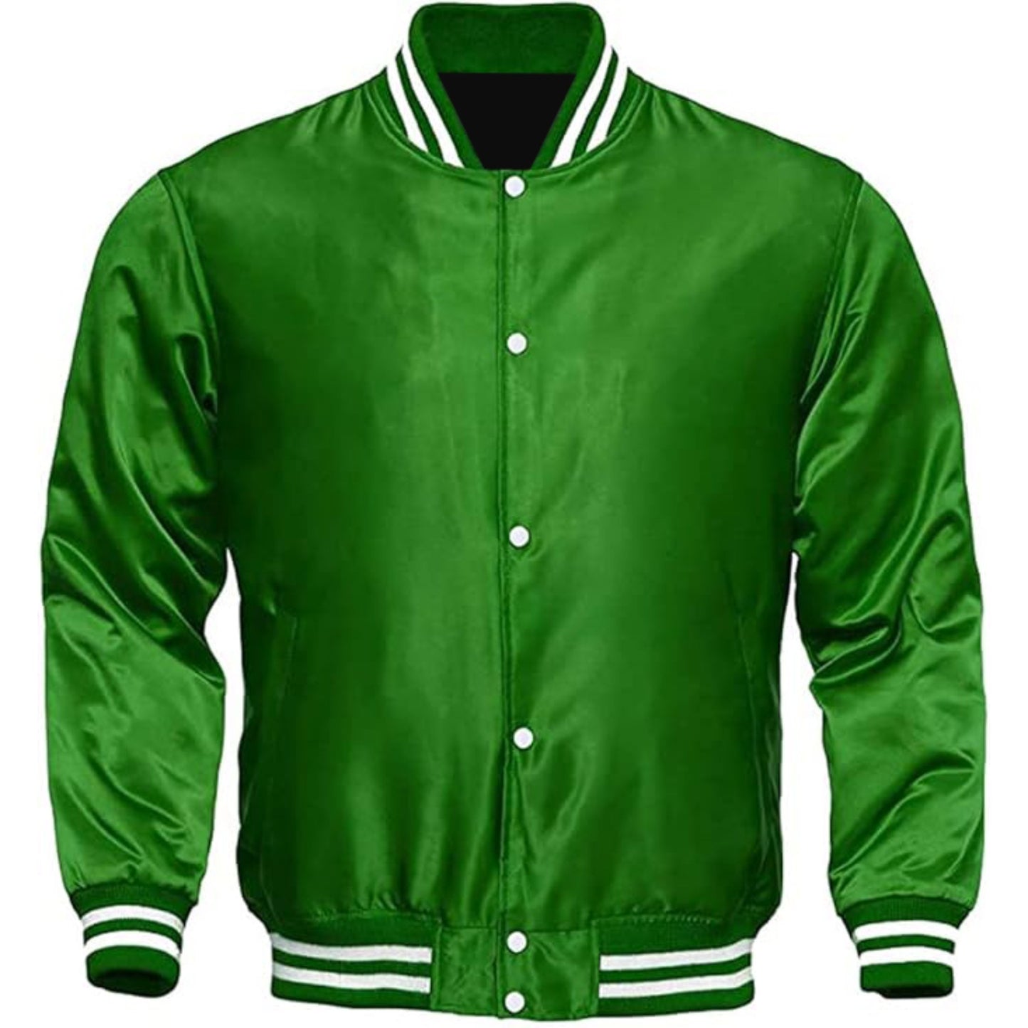 Green varsity jacket with white accents on a white background