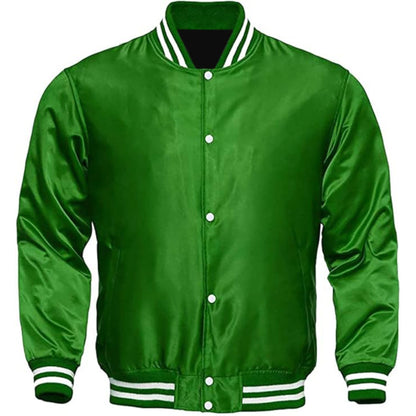 Green varsity jacket with white accents on a white background