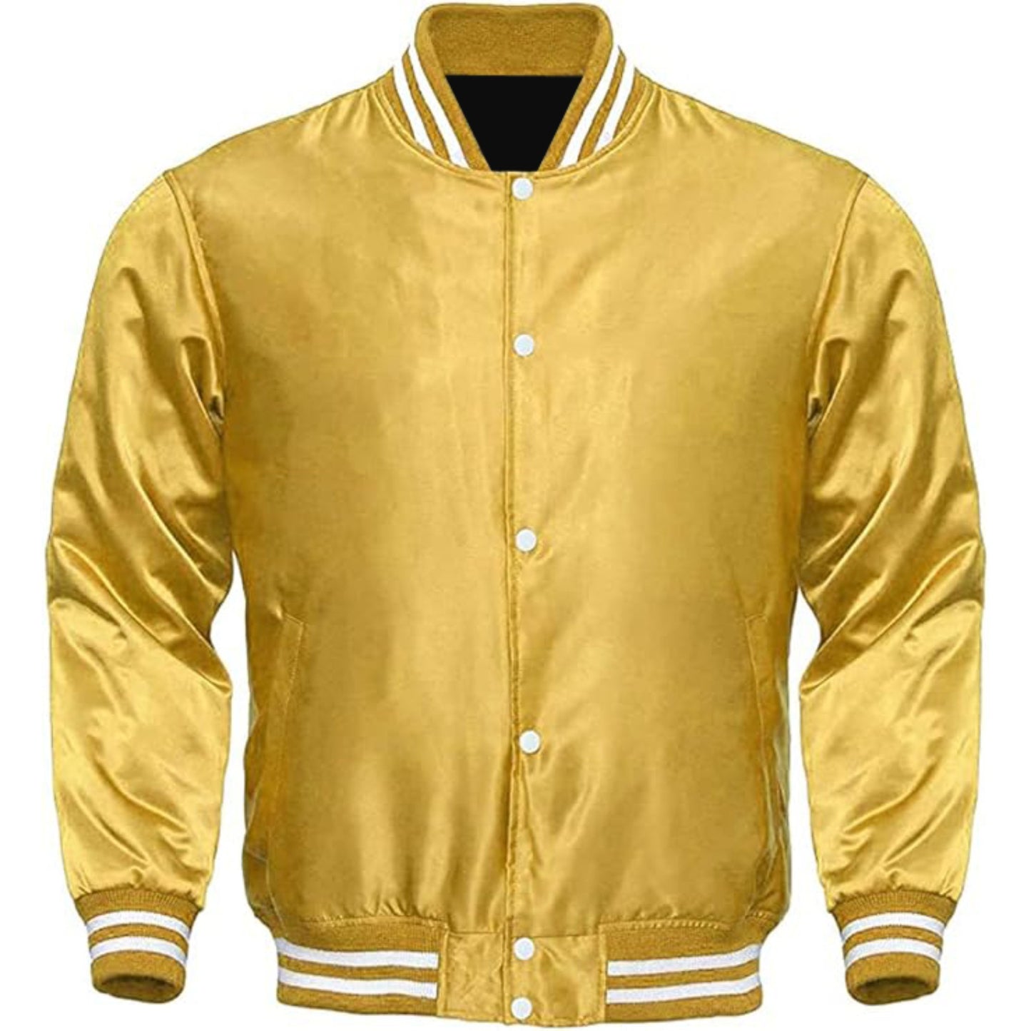 Yellow varsity jacket with white buttons and trim on a white background