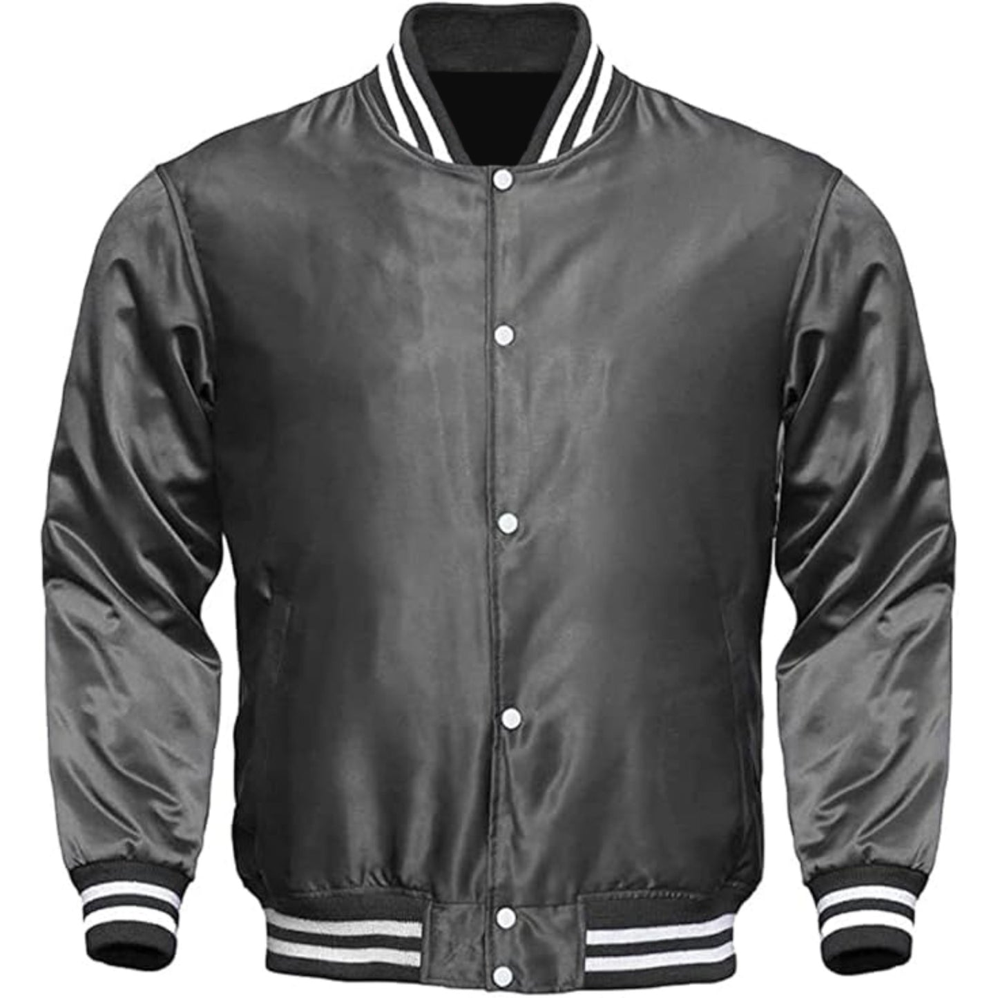 Black varsity jacket with white buttons and trim on a white background