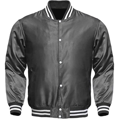 Black varsity jacket with white buttons and trim on a white background