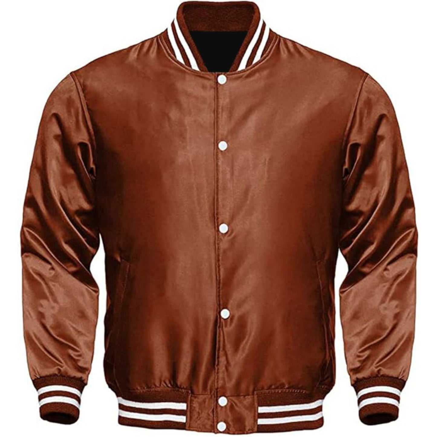 Brown varsity jacket with white buttons and trim on a white background