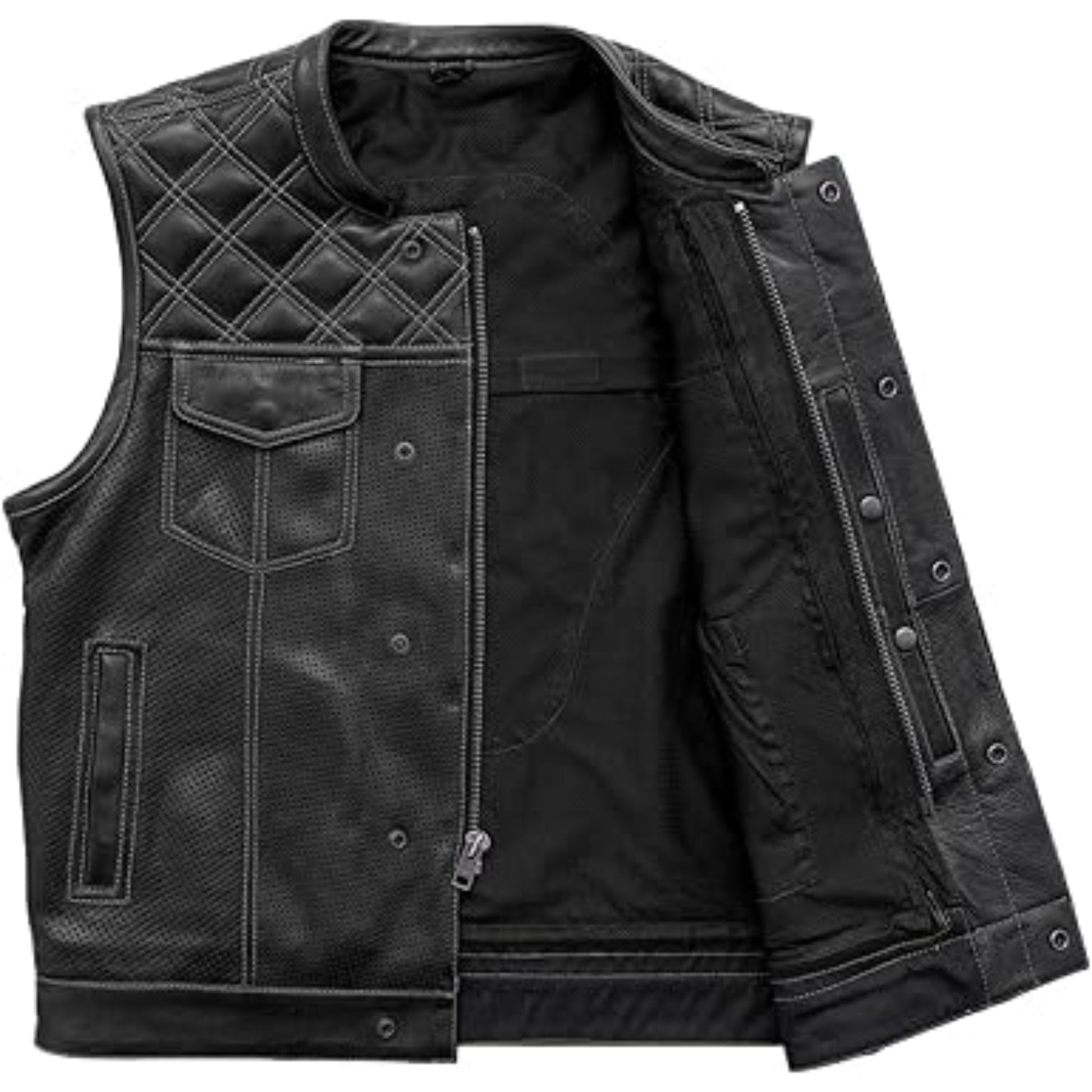 Black leather vest with quilted design on a white background