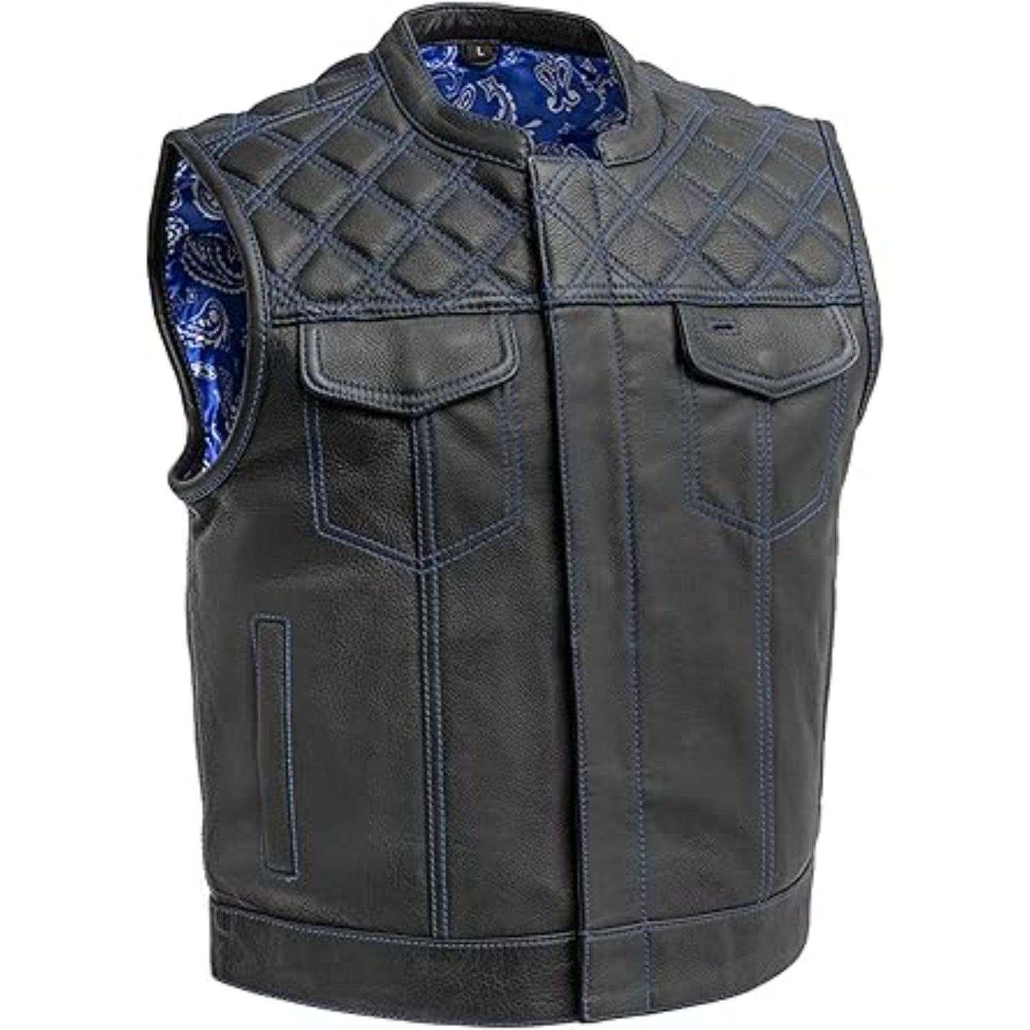 Gray leather vest with quilted design on a white background