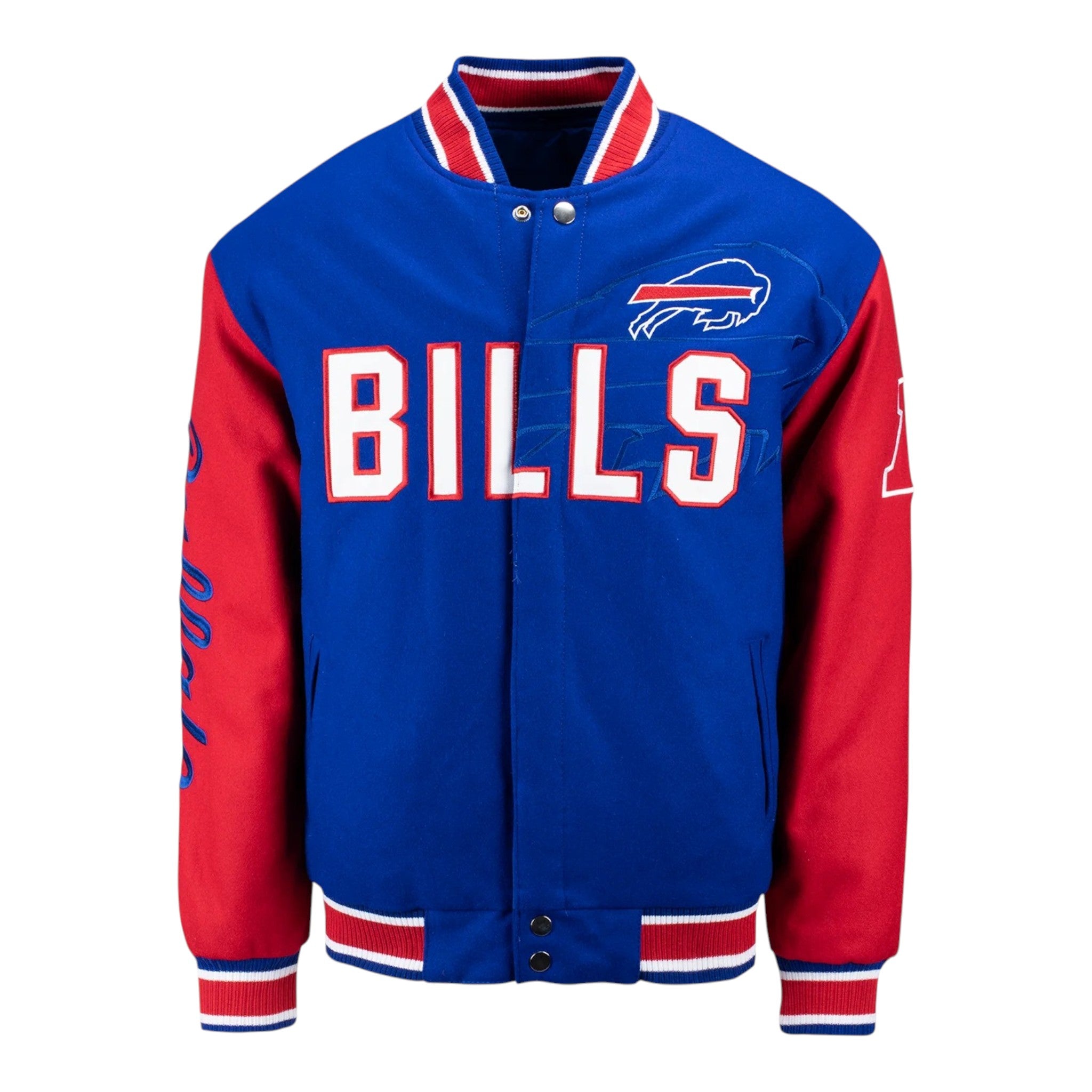 Blue and red jacket with 'BILLS' text and logo on a white background